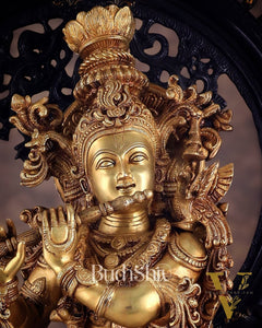 Superfine Brass dual tone Krishna Statue | Embossed Prabhaval 32"