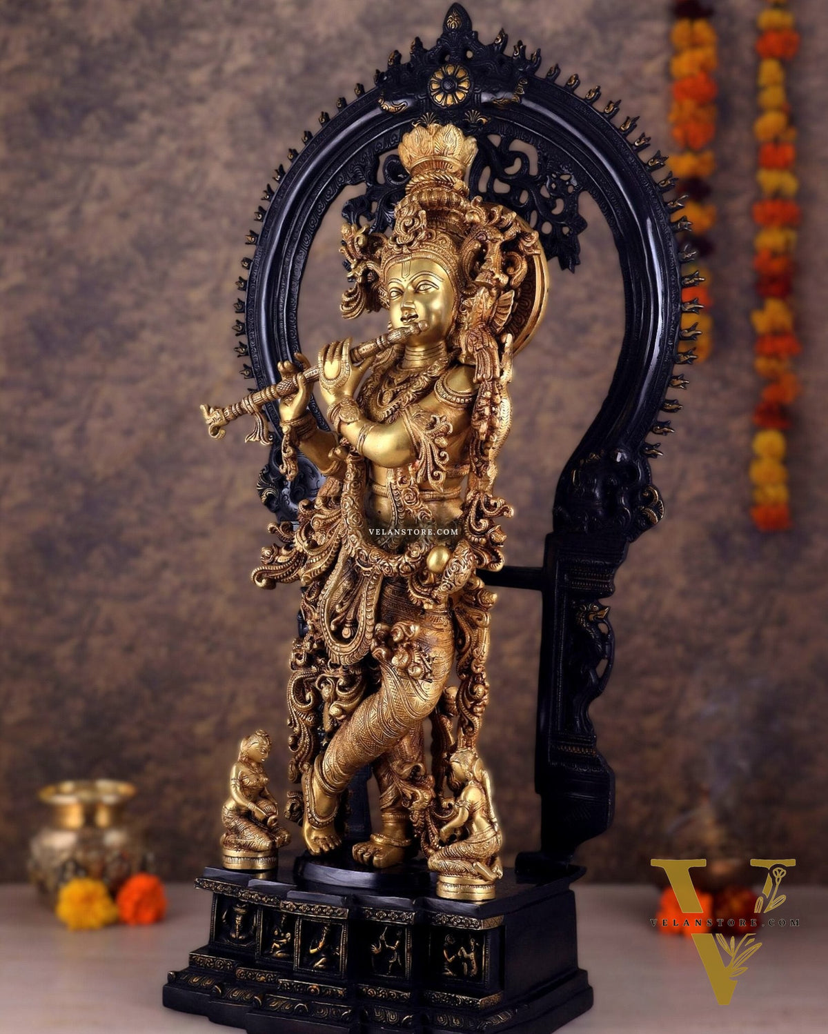 Superfine Brass dual tone Krishna Statue | Embossed Prabhaval 32"