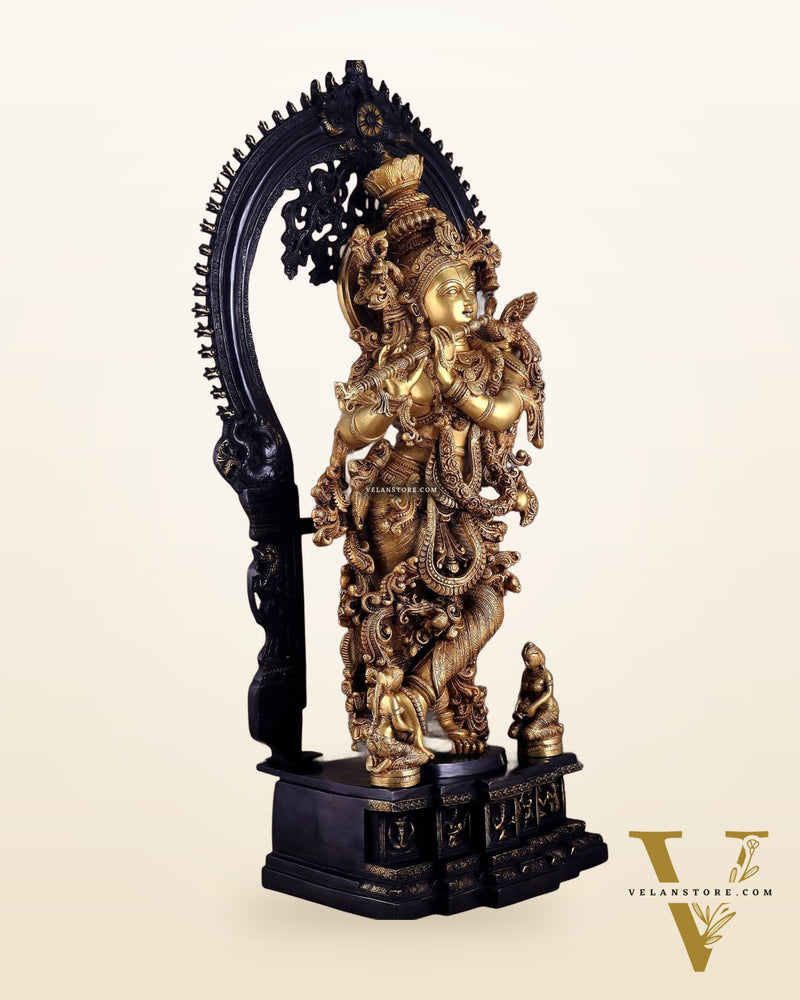 Superfine Brass dual tone Krishna Statue | Embossed Prabhaval 32"