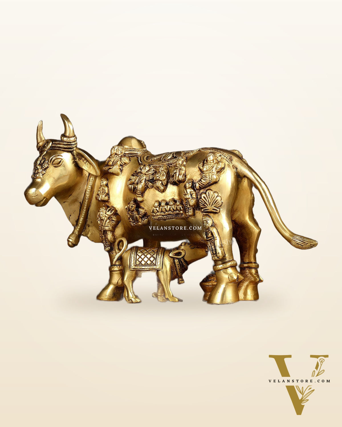 Superfine Brass Engraved Kamdhenu Cow with Calf - Murti 10"