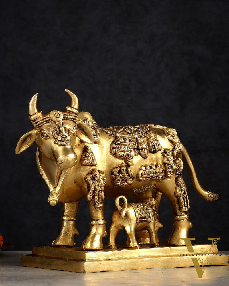 Superfine Brass Engraved Kamdhenu Cow with Calf - Murti 10"