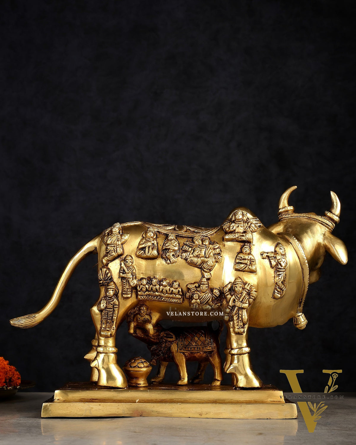 Superfine Brass Engraved Kamdhenu Cow with Calf - Murti 10"