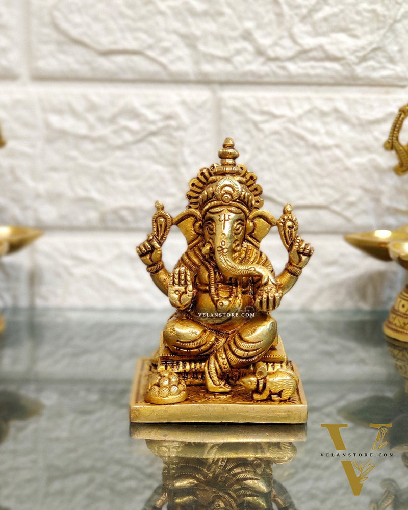 Superfine Brass Ganapathi Idol with Fruit Bowl and Mooshak | Height 3.5 inches