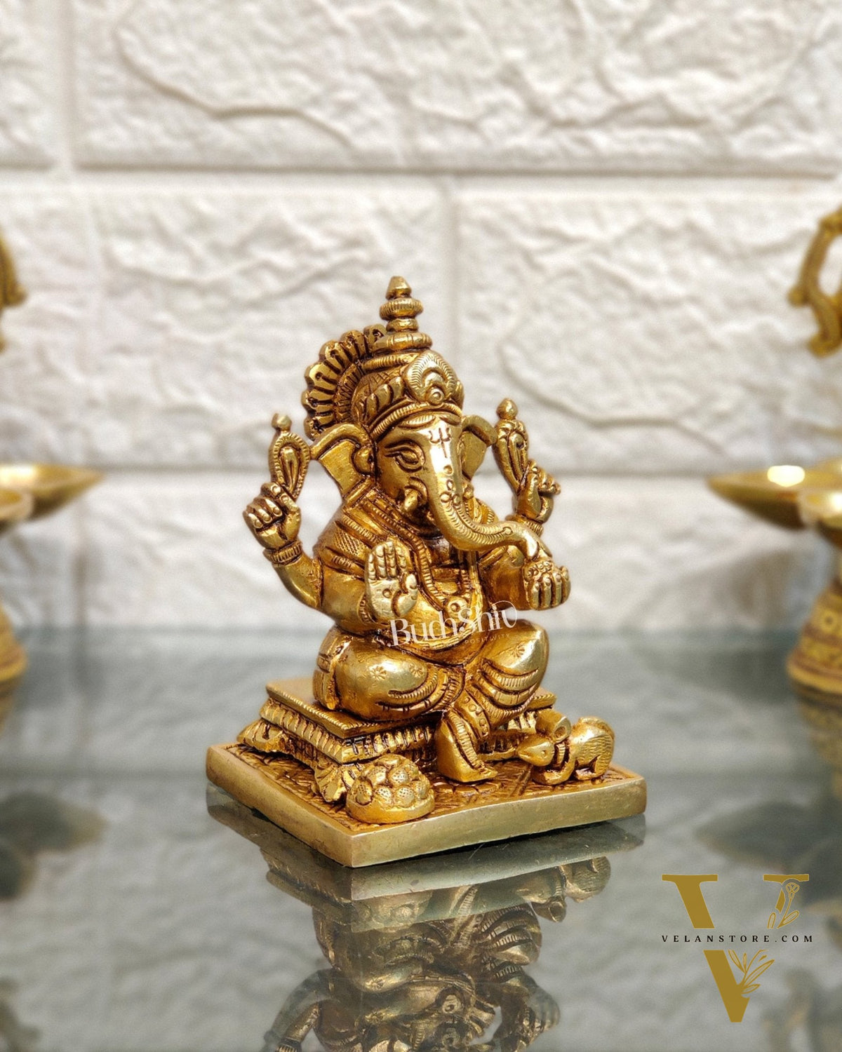 Superfine Brass Ganapathi Idol with Fruit Bowl and Mooshak | Height 3.5 inches