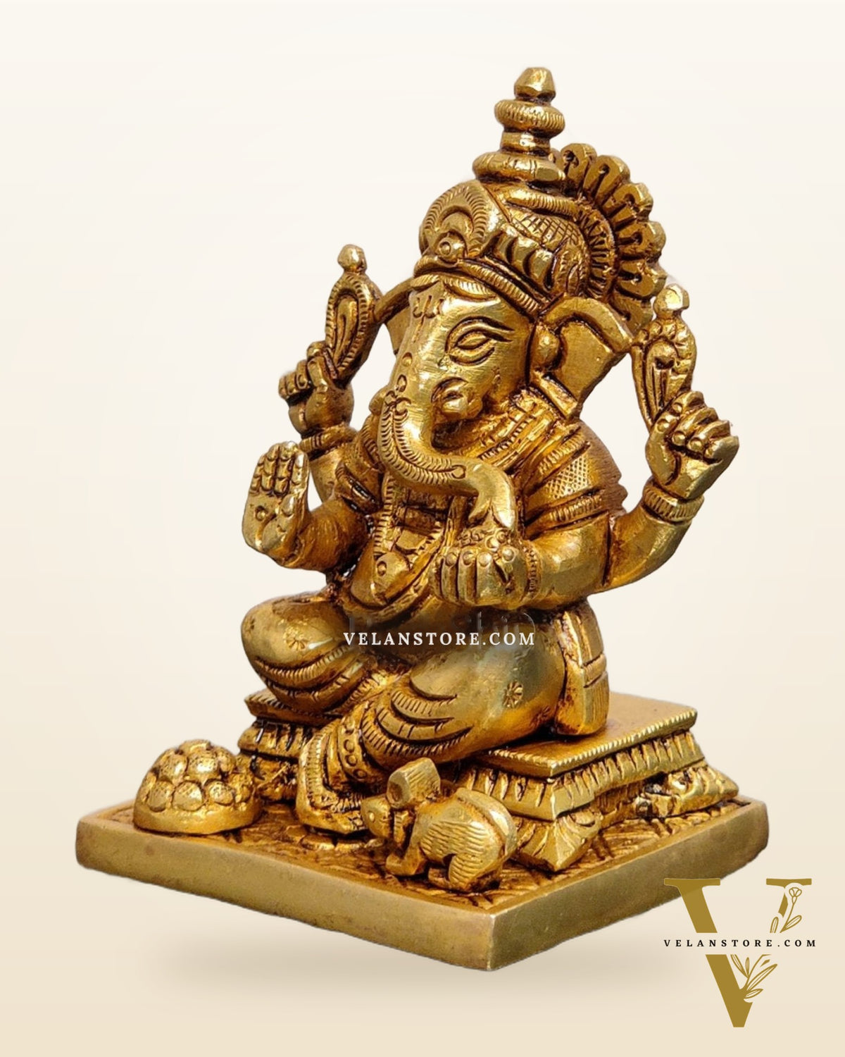Superfine Brass Ganapathi Idol with Fruit Bowl and Mooshak | Height 3.5 inches