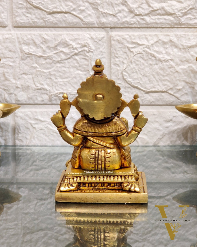 Superfine Brass Ganapathi Idol with Fruit Bowl and Mooshak | Height 3.5 inches