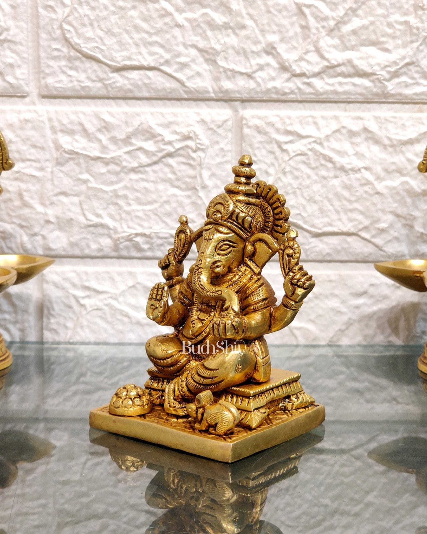 Superfine Brass Ganapathi Idol with Fruit Bowl and Mooshak | Height 3.5 inches