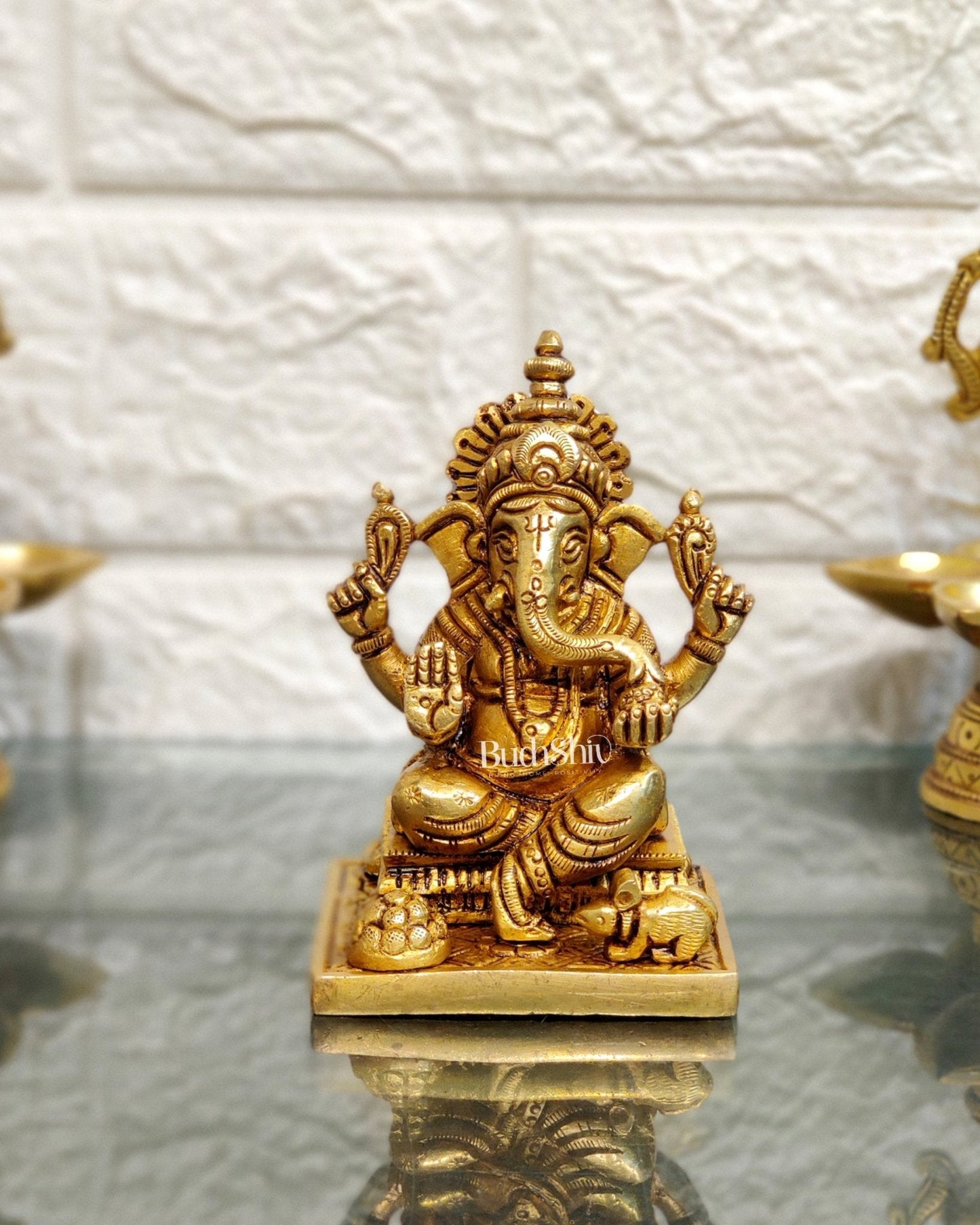 Superfine Brass Ganapathi Idol with Fruit Bowl and Mooshak | Height 3.5 inches