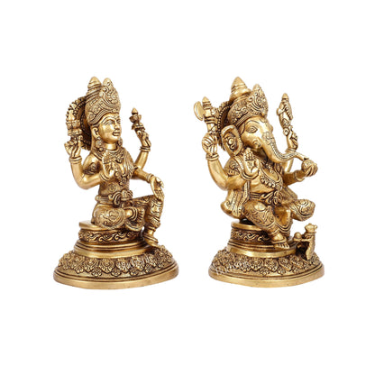 Superfine Brass Ganesh Lakshmi Idols with Intricate Carvings | 12" Butter Gold