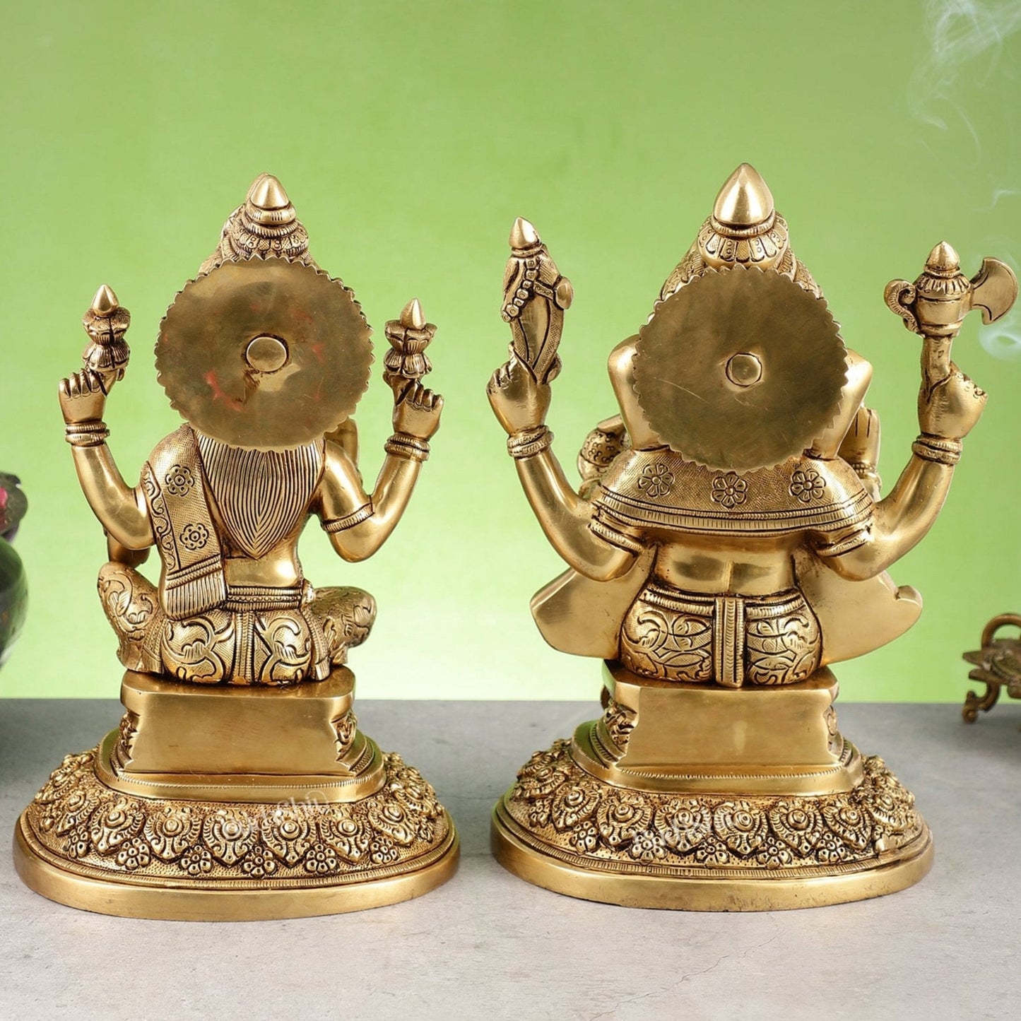 Superfine Brass Ganesh Lakshmi Idols with Intricate Carvings | 12" Butter Gold