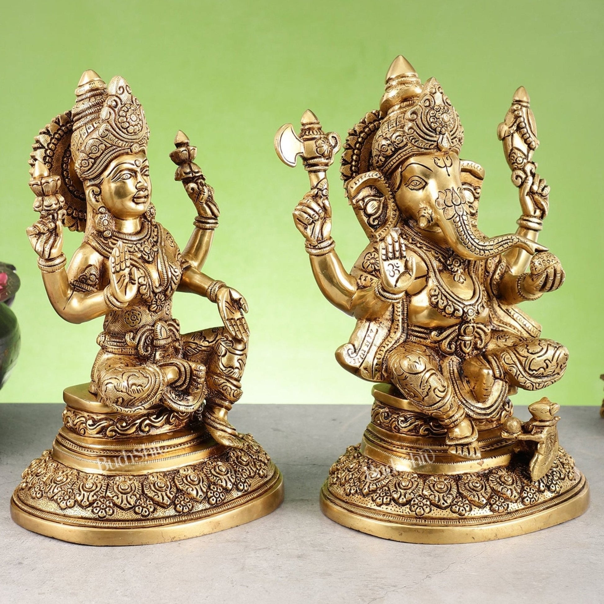 Superfine Brass Ganesh Lakshmi Idols with Intricate Carvings | 12" Butter Gold