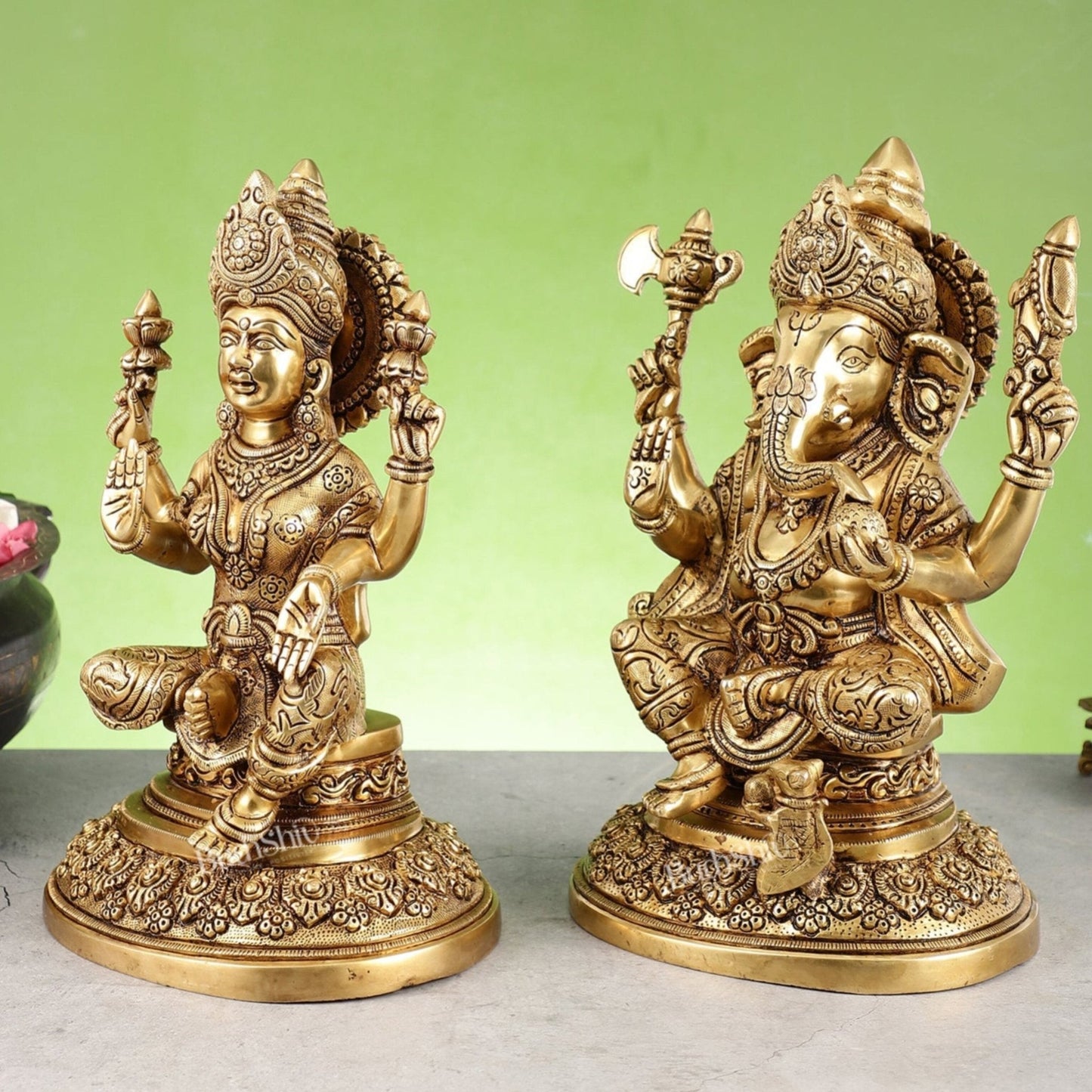 Superfine Brass Ganesh Lakshmi Idols with Intricate Carvings | 12" Butter Gold