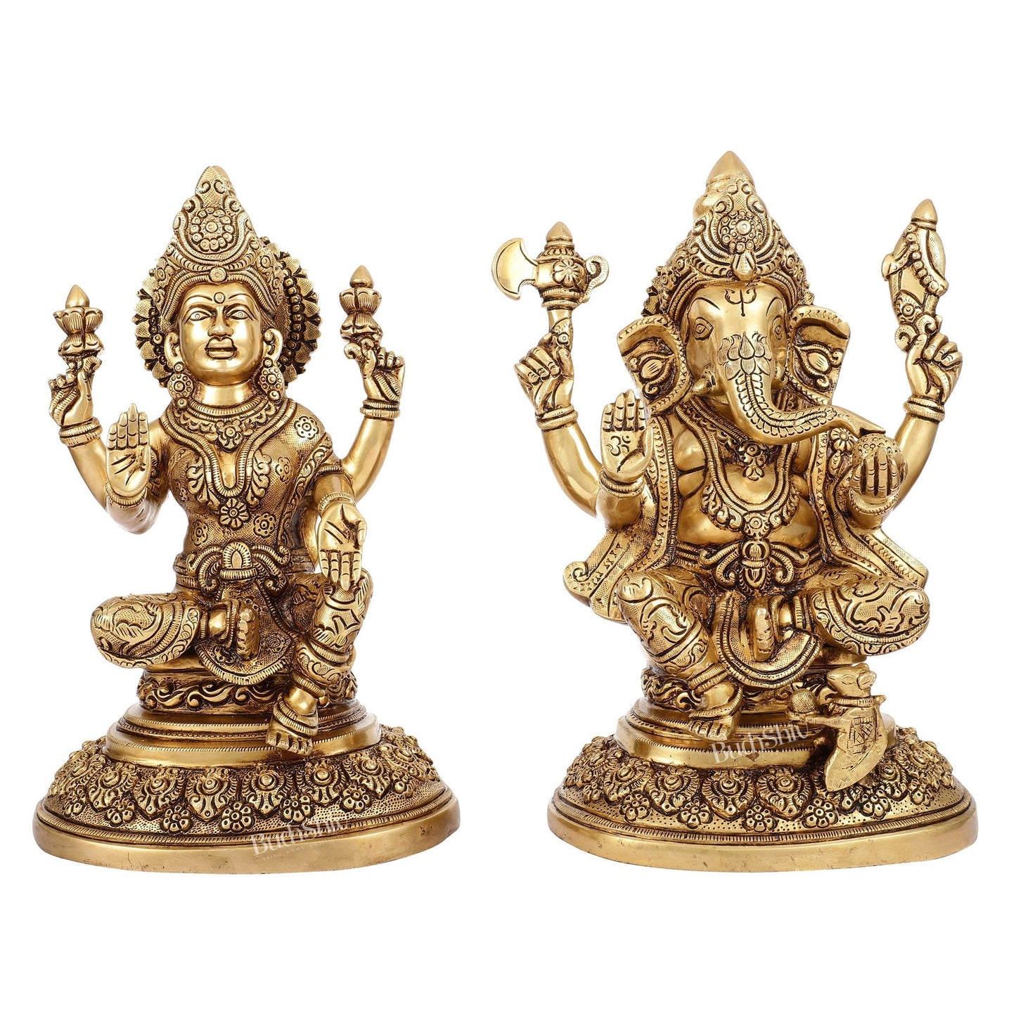 Superfine Brass Ganesh Lakshmi Idols with Intricate Carvings | 12" Butter Gold