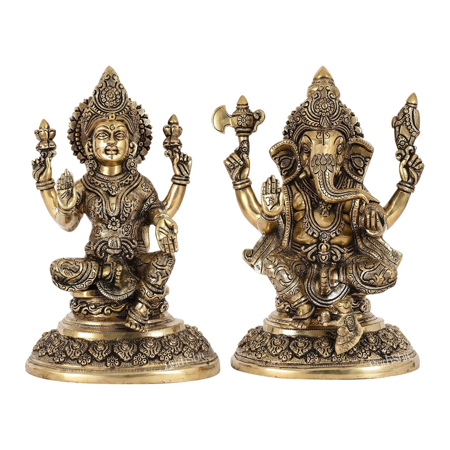 Superfine Brass Ganesh Lakshmi Idols with Intricate Carvings | 12" Height