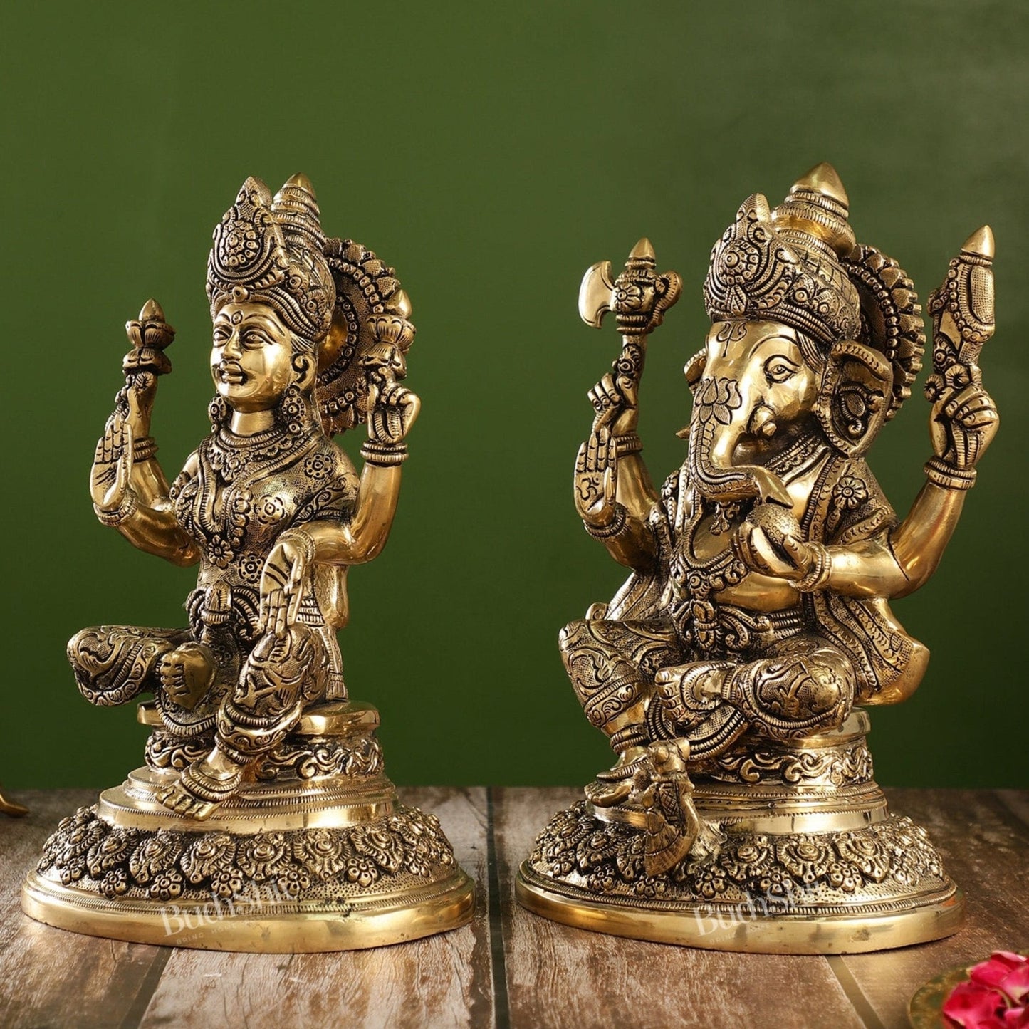 Superfine Brass Ganesh Lakshmi Idols with Intricate Carvings | 12" Height
