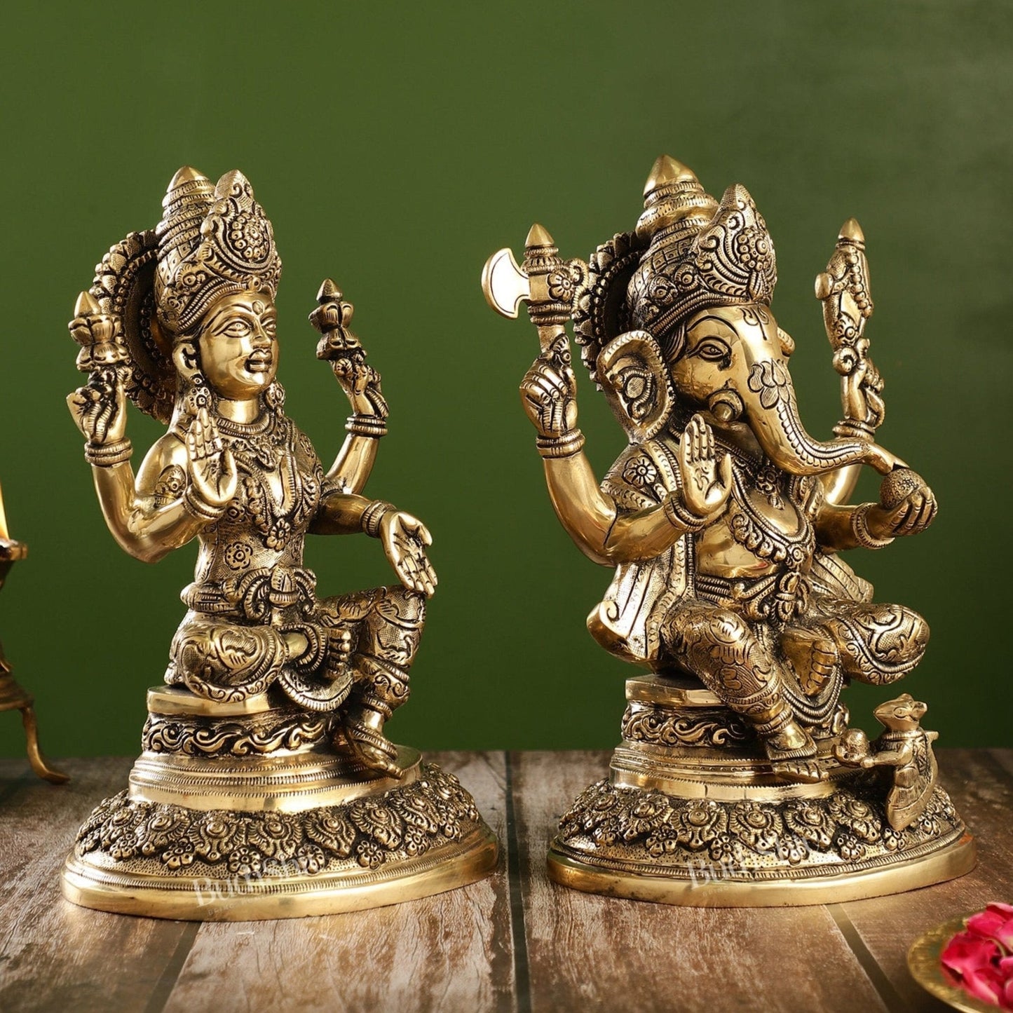 Superfine Brass Ganesh Lakshmi Idols with Intricate Carvings | 12" Height
