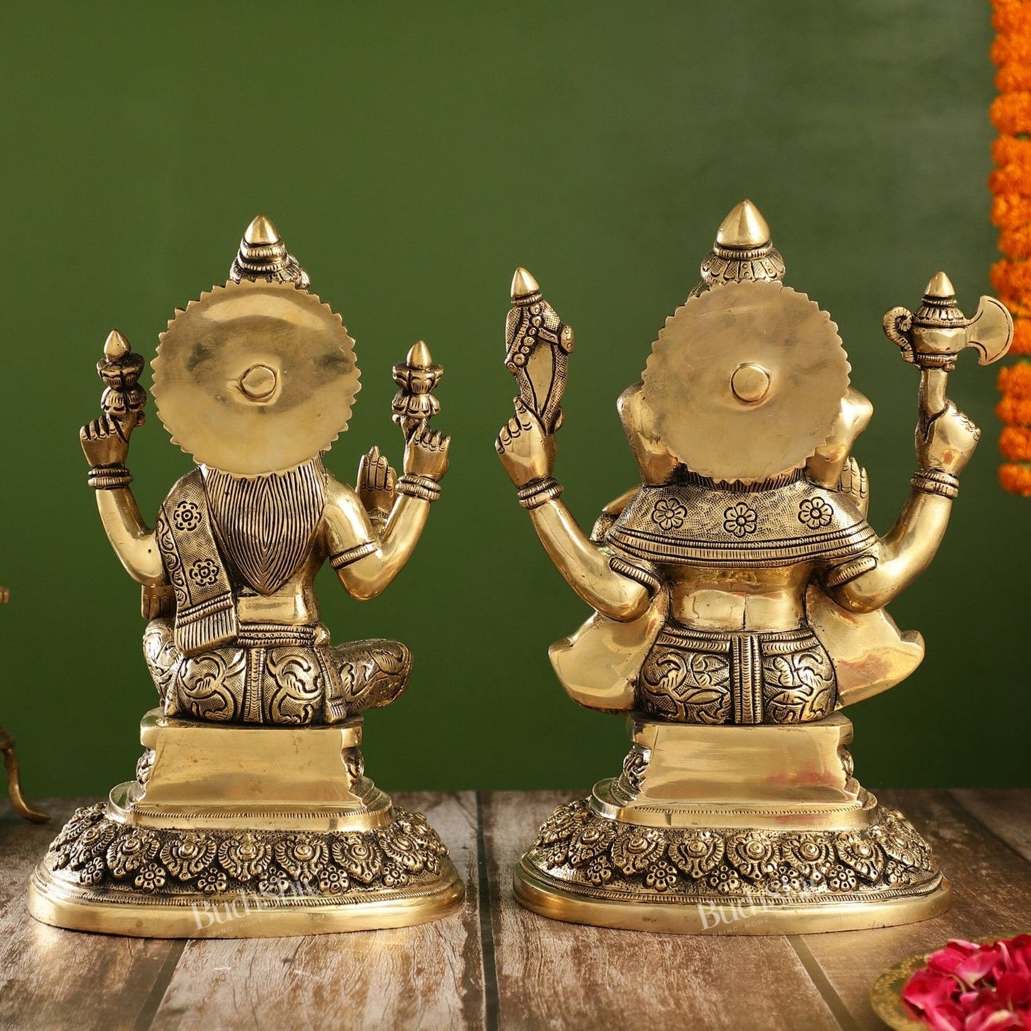 Superfine Brass Ganesh Lakshmi Idols with Intricate Carvings | 12" Height