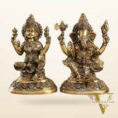 Superfine Brass Ganesh Lakshmi Idols with Intricate Carvings | 12" Height