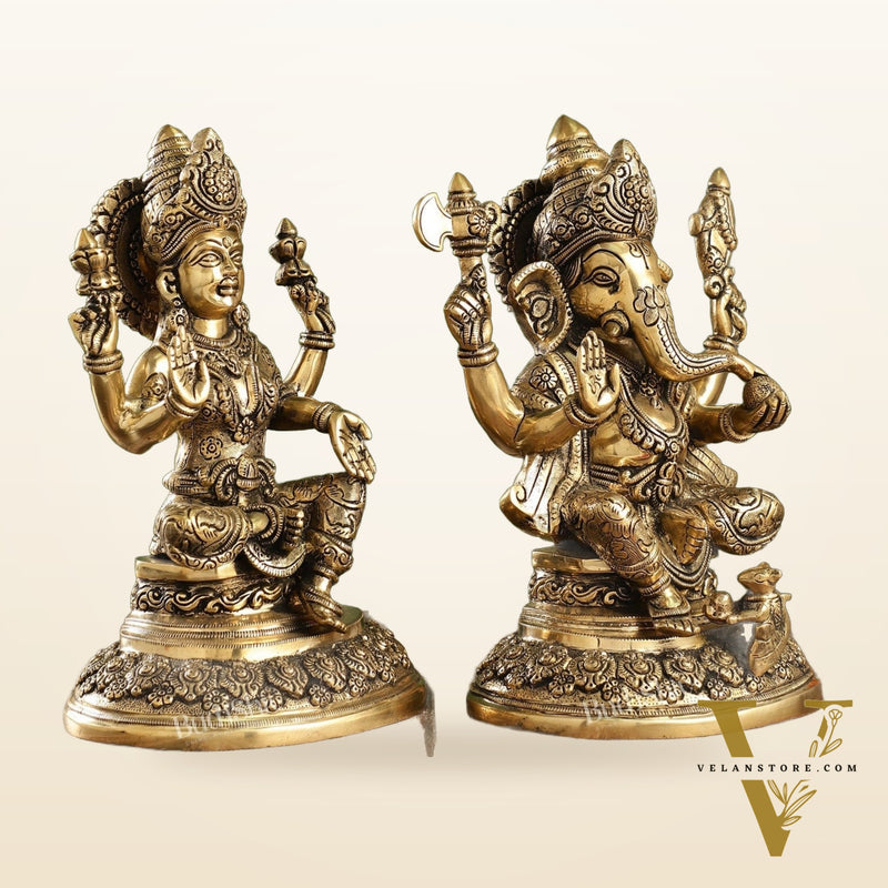 Superfine Brass Ganesh Lakshmi Idols with Intricate Carvings | 12" Height