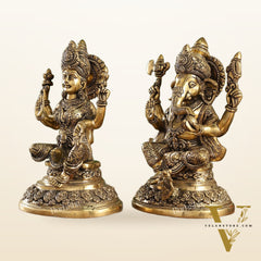 Superfine Brass Ganesh Lakshmi Idols with Intricate Carvings | 12" Height