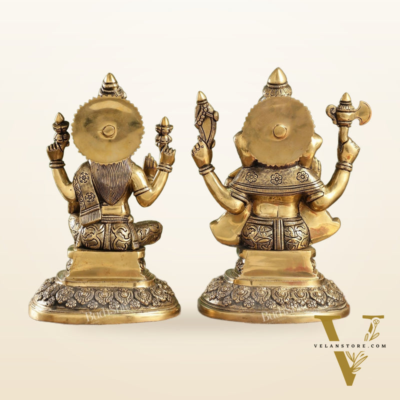 Superfine Brass Ganesh Lakshmi Idols with Intricate Carvings | 12" Height