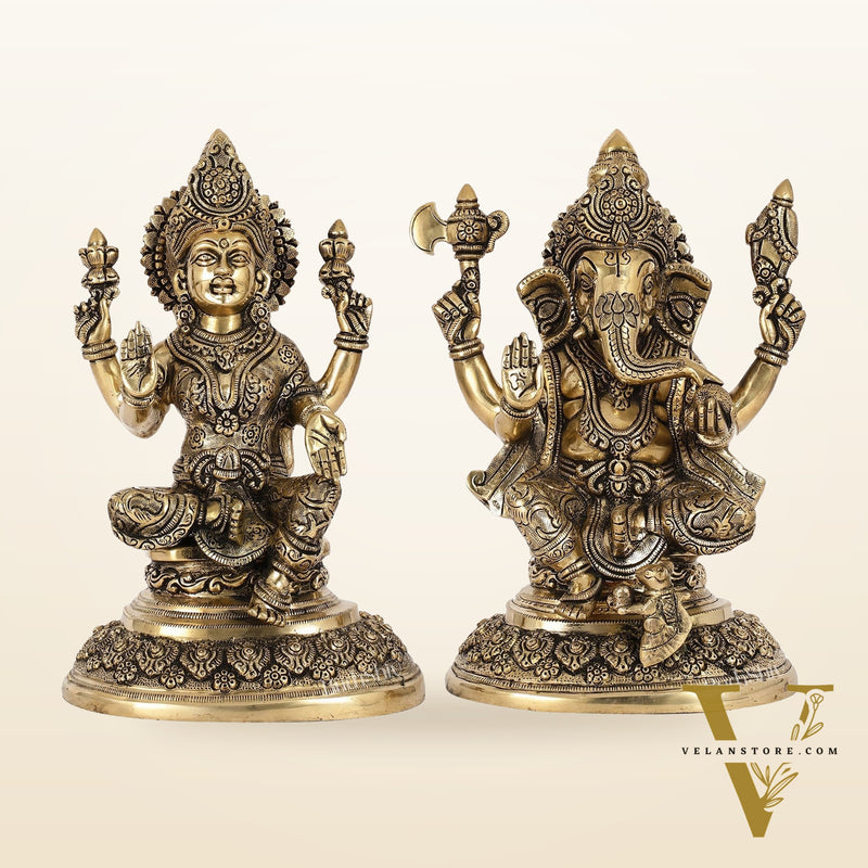 Superfine Brass Ganesh Lakshmi Idols with Intricate Carvings | 12" Height