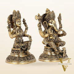 Superfine Brass Ganesh Lakshmi Idols with Intricate Carvings | 12" Height