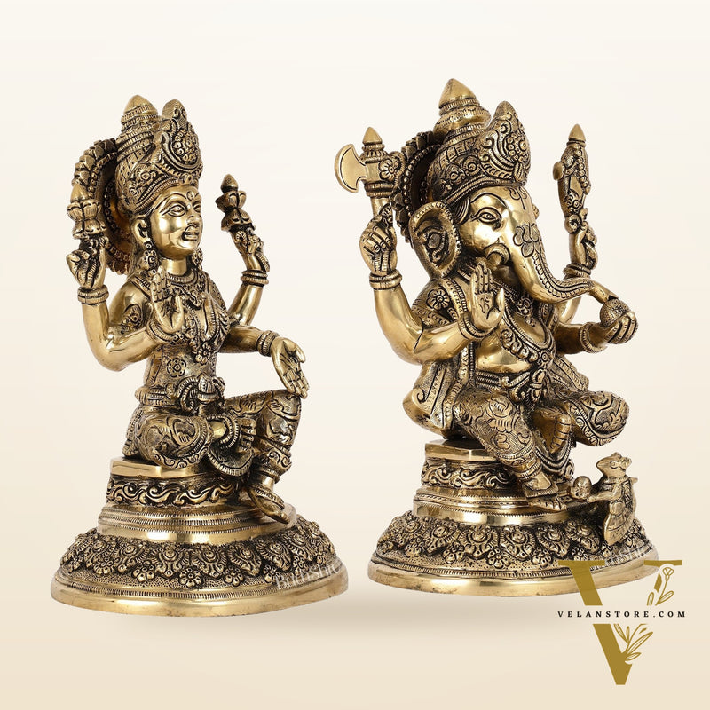 Superfine Brass Ganesh Lakshmi Idols with Intricate Carvings | 12" Height