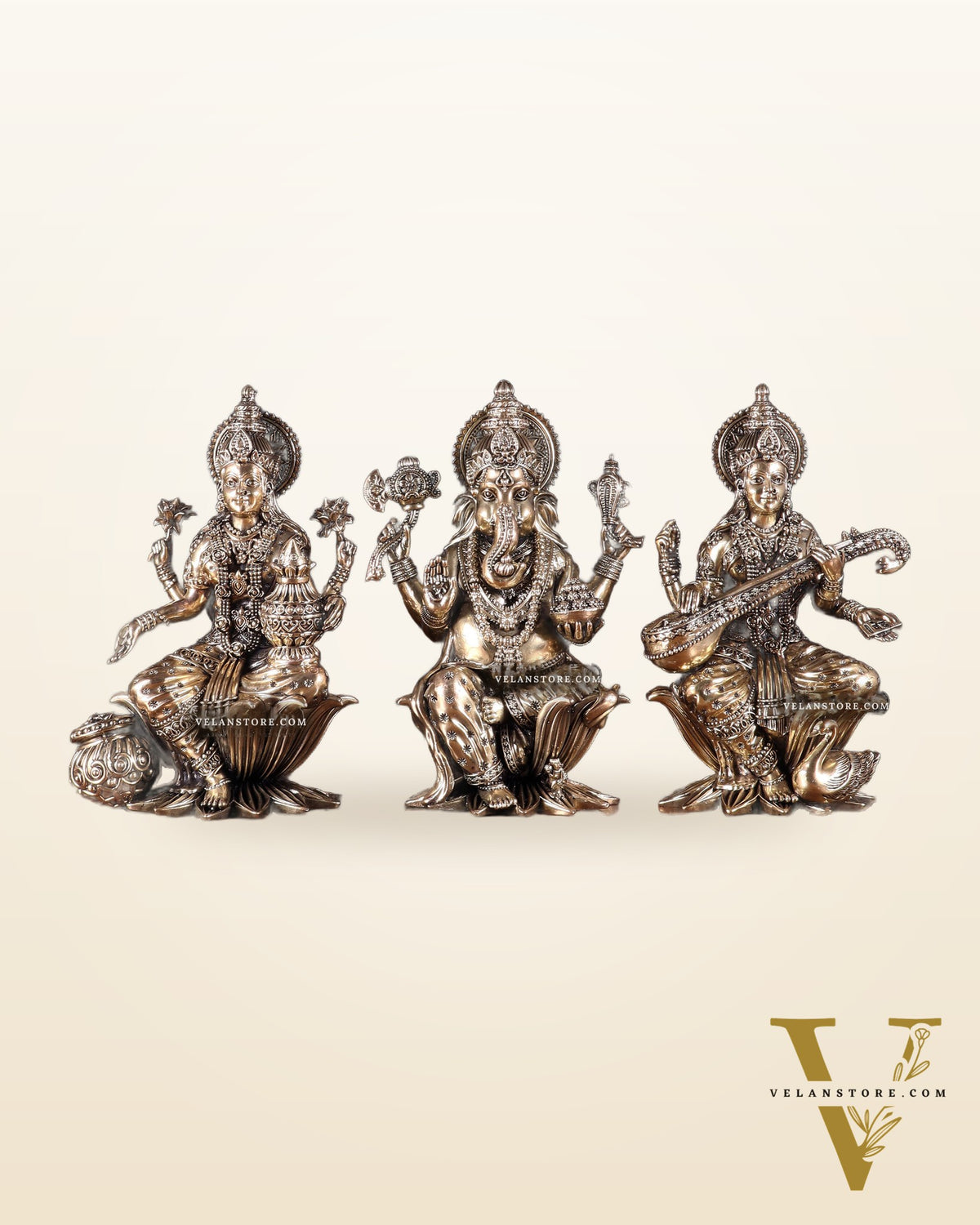 Superfine Brass Ganesh Lakshmi Saraswati Idol Set – 10 Inch