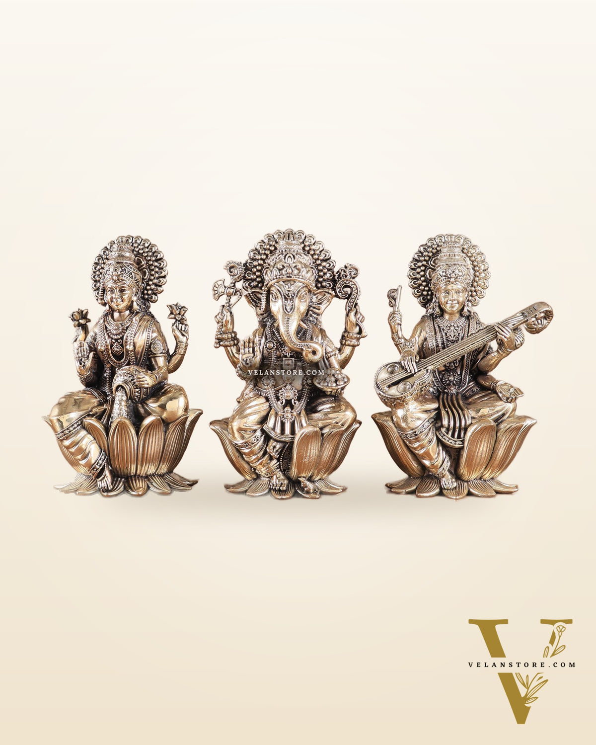 Superfine Brass Ganesh Lakshmi Saraswati Idols - 6" Tall, Set of 3