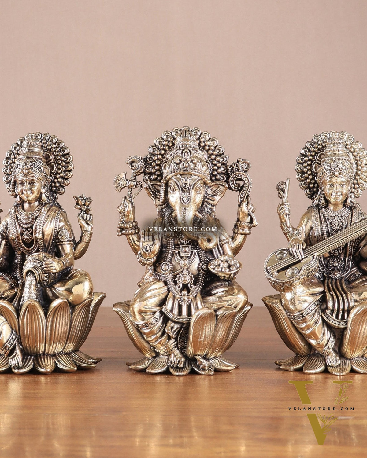 Superfine Brass Ganesh Lakshmi Saraswati Idols - 6" Tall, Set of 3