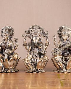 Superfine Brass Ganesh Lakshmi Saraswati Idols - 6" Tall, Set of 3