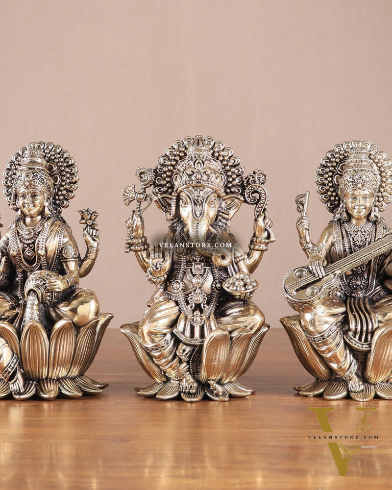 Superfine Brass Ganesh Lakshmi Saraswati Idols - 6" Tall, Set of 3
