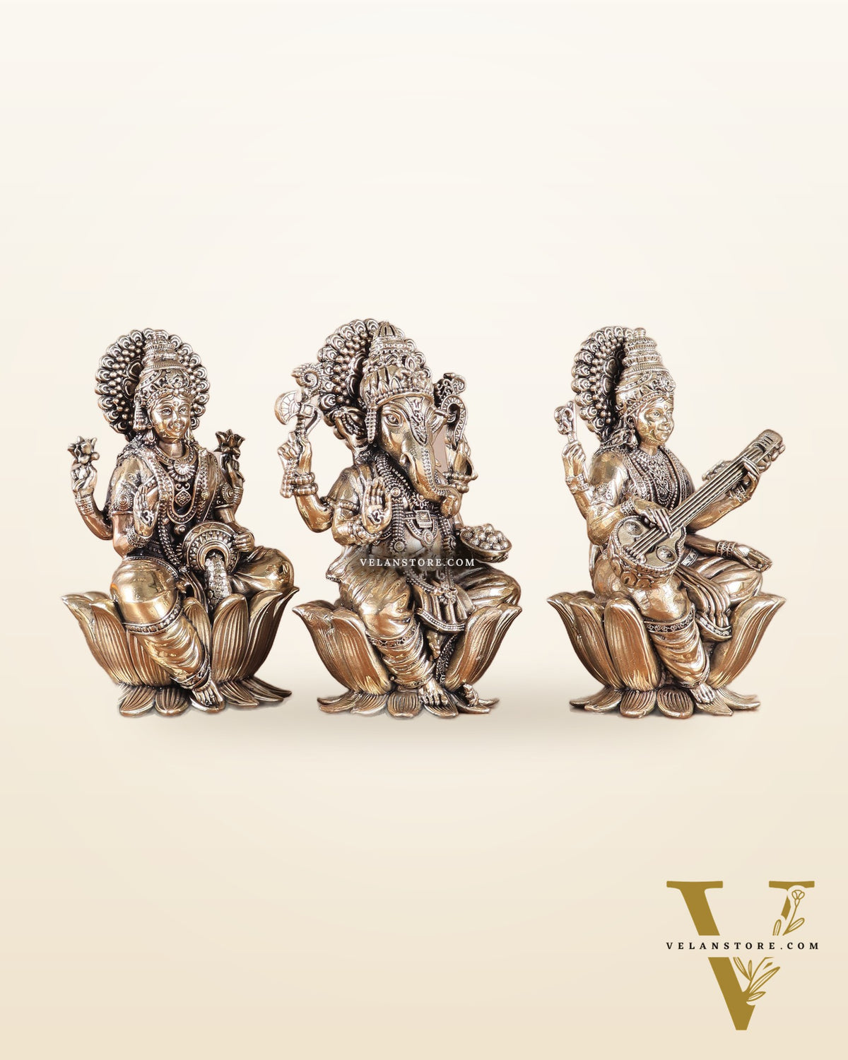 Superfine Brass Ganesh Lakshmi Saraswati Idols - 6" Tall, Set of 3