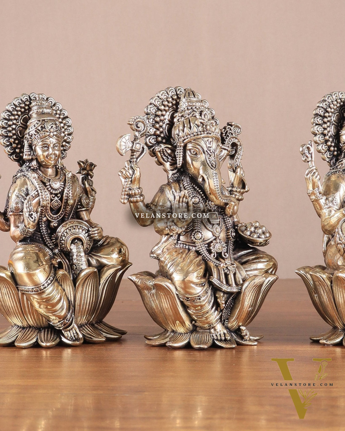 Superfine Brass Ganesh Lakshmi Saraswati Idols - 6" Tall, Set of 3