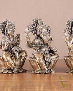 Superfine Brass Ganesh Lakshmi Saraswati Idols - 6" Tall, Set of 3