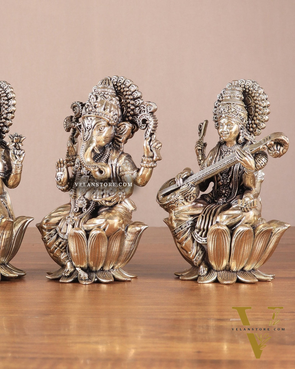 Superfine Brass Ganesh Lakshmi Saraswati Idols - 6" Tall, Set of 3