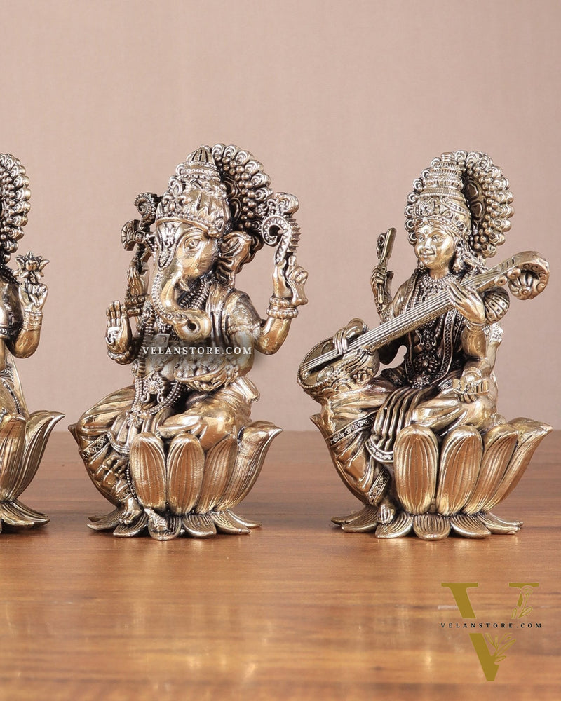 Superfine Brass Ganesh Lakshmi Saraswati Idols - 6" Tall, Set of 3
