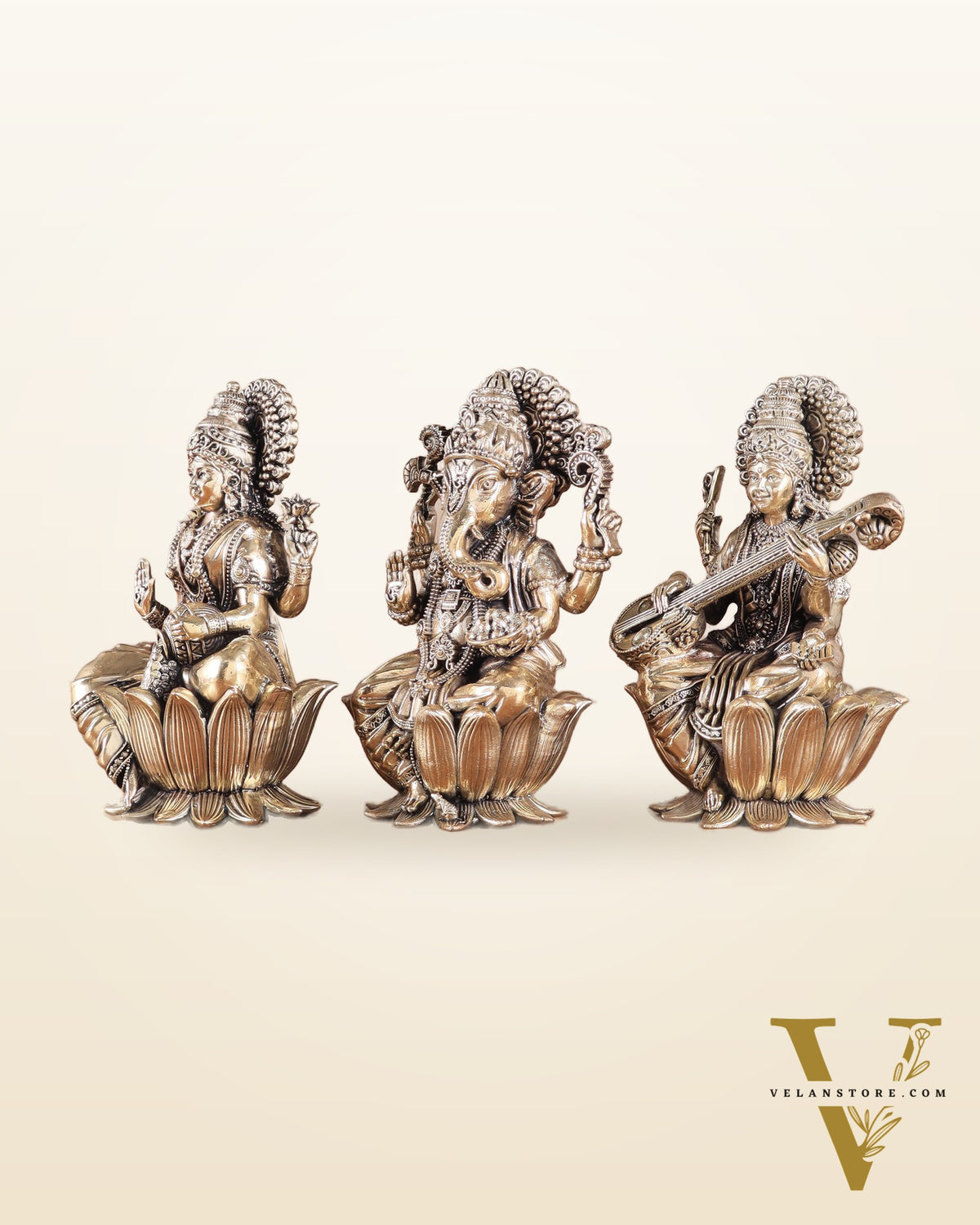 Superfine Brass Ganesh Lakshmi Saraswati Idols - 6" Tall, Set of 3