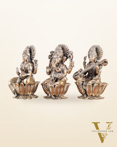Superfine Brass Ganesh Lakshmi Saraswati Idols - 6" Tall, Set of 3