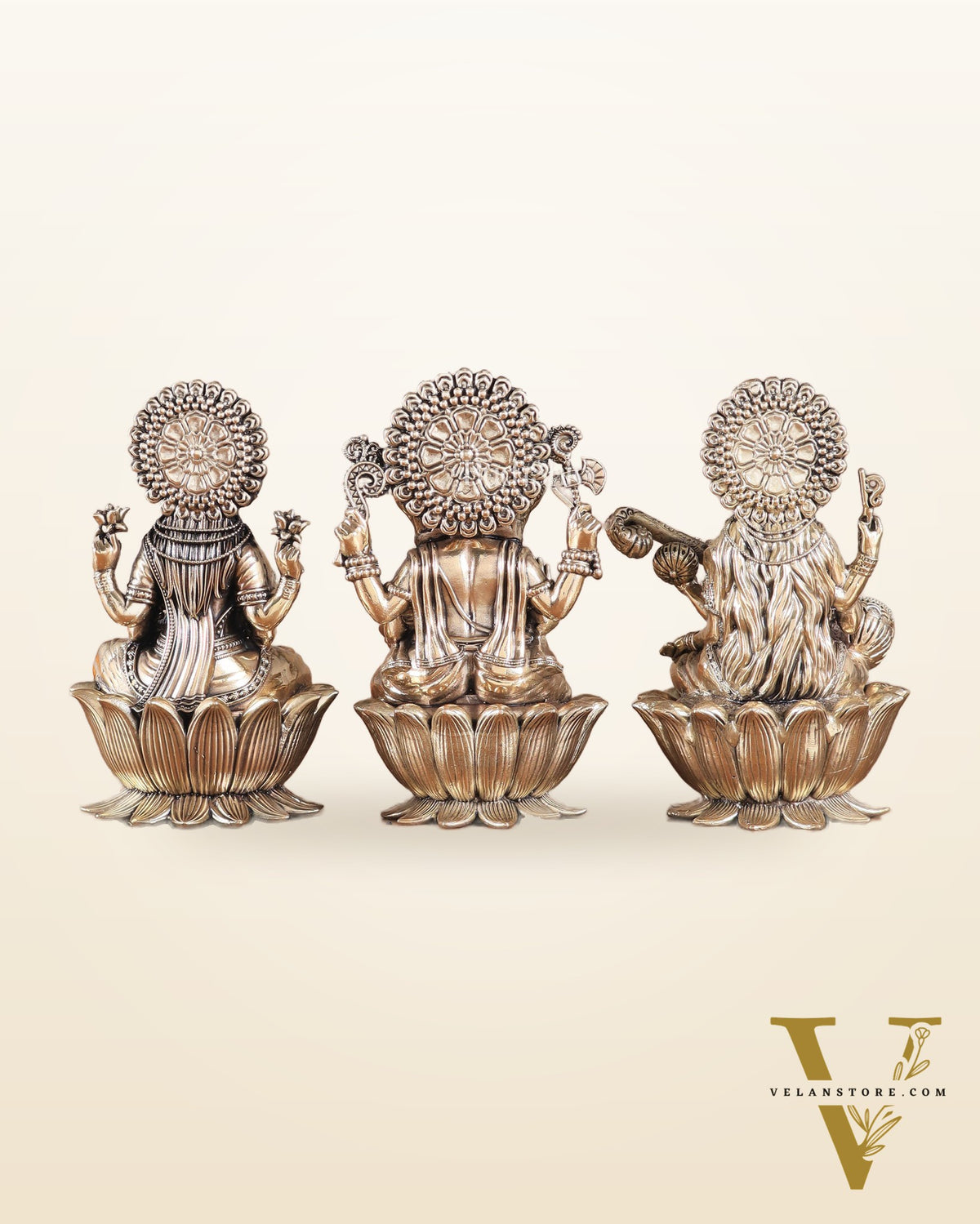 Superfine Brass Ganesh Lakshmi Saraswati Idols - 6" Tall, Set of 3