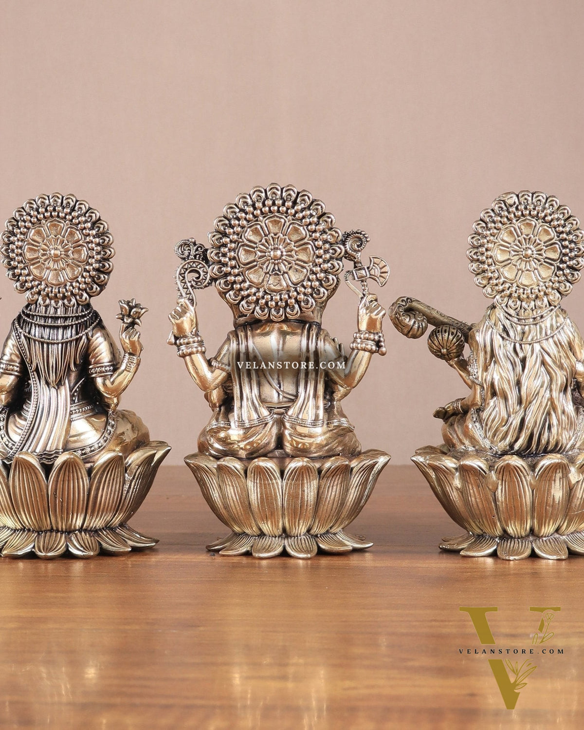 Superfine Brass Ganesh Lakshmi Saraswati Idols - 6" Tall, Set of 3