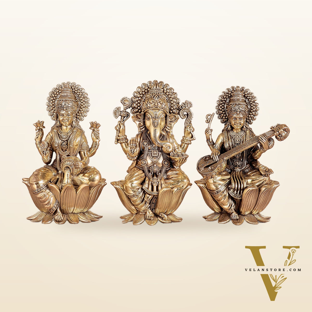 Superfine Brass Ganesh Lakshmi Saraswati Idols - 8" Tall, Set of 3