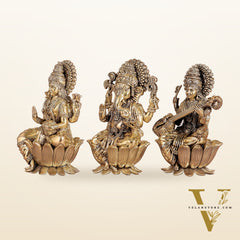 Superfine Brass Ganesh Lakshmi Saraswati Idols - 8" Tall, Set of 3