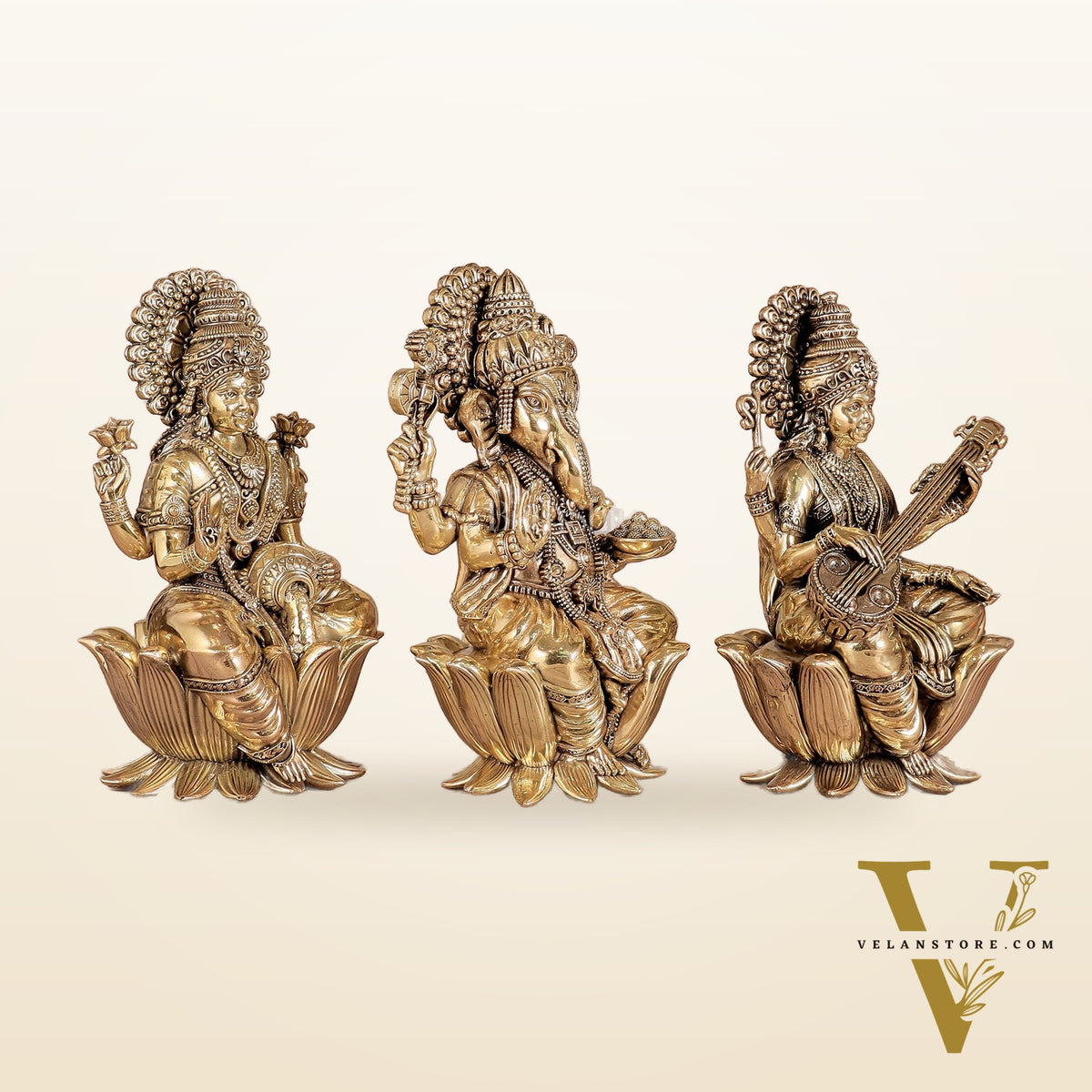 Superfine Brass Ganesh Lakshmi Saraswati Idols - 8" Tall, Set of 3