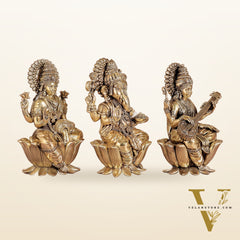 Superfine Brass Ganesh Lakshmi Saraswati Idols - 8" Tall, Set of 3