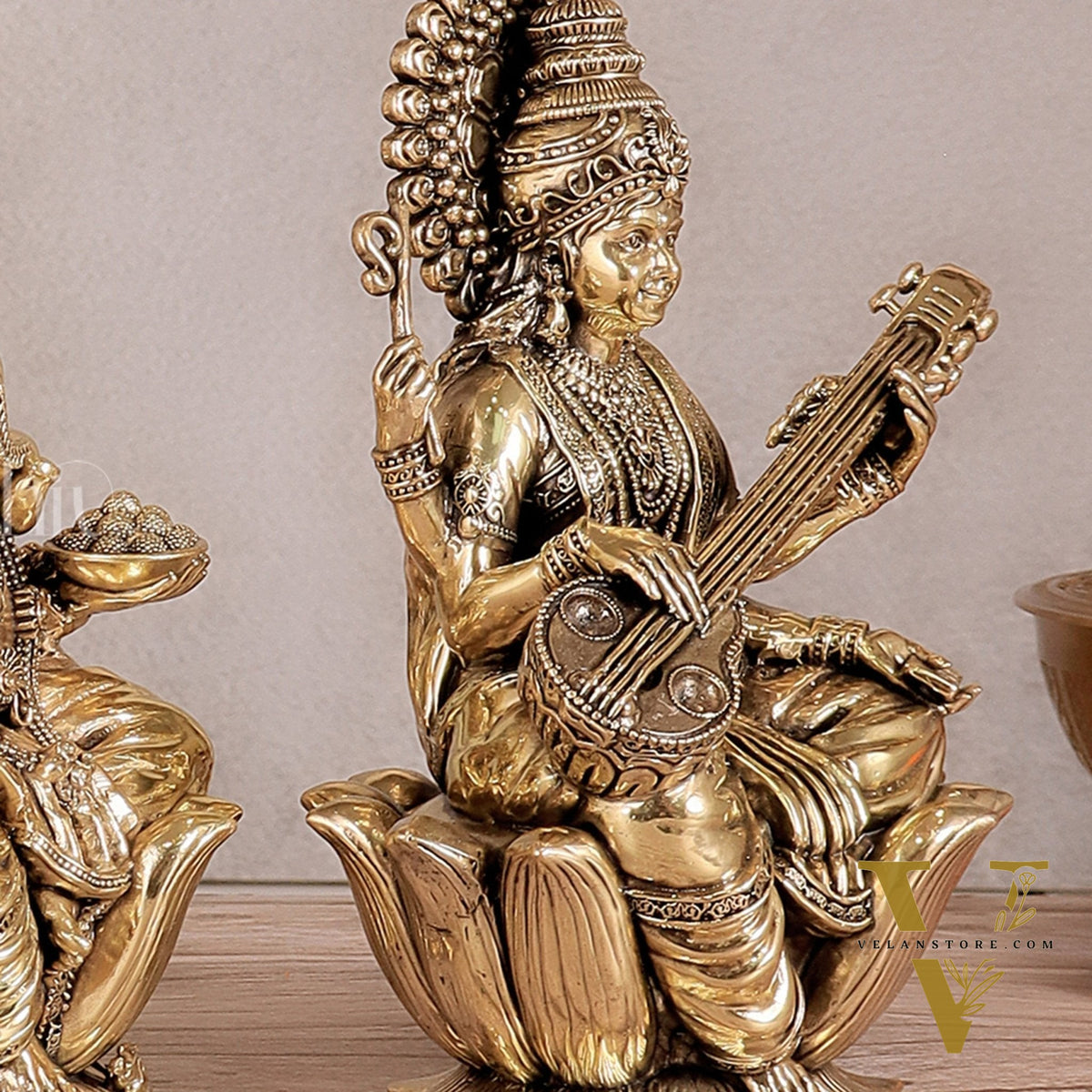 Superfine Brass Ganesh Lakshmi Saraswati Idols - 8" Tall, Set of 3