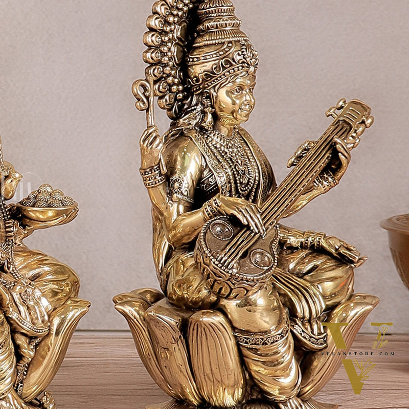 Superfine Brass Ganesh Lakshmi Saraswati Idols - 8" Tall, Set of 3