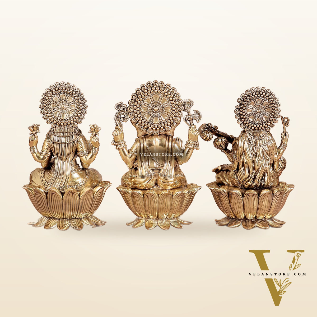Superfine Brass Ganesh Lakshmi Saraswati Idols - 8" Tall, Set of 3