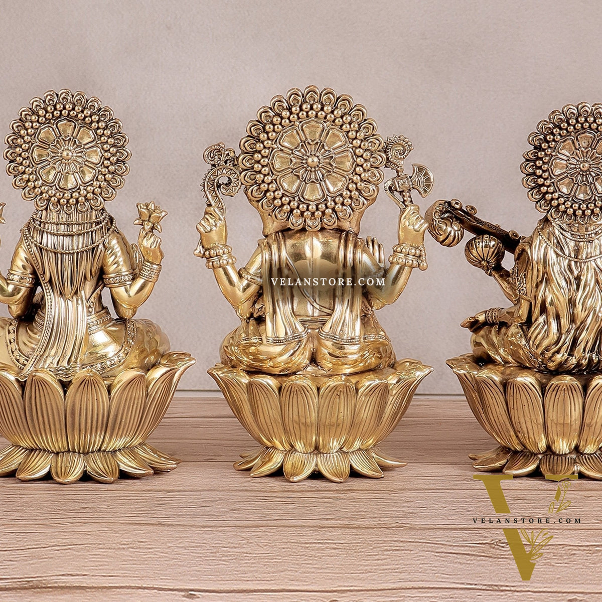 Superfine Brass Ganesh Lakshmi Saraswati Idols - 8" Tall, Set of 3